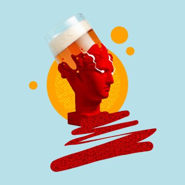 Bira bardağının başında bira köpüklü bira şişesi büstü olan çağdaş sanat kolajı.