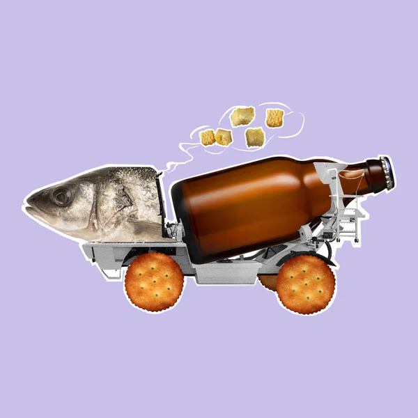 Samtida konst collage av öl flaska, fisk huvud och kex bildar bil. Perfekta partyingredienser — Stockfoto