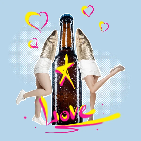 Hedendaagse kunstcollage van bierflesje en twee vrouwtjes met vissenkop leunend op bier. Koel drankje. — Stockfoto
