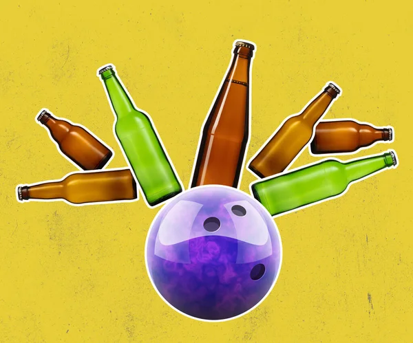 Pivní bowling. Současné umění koláž lahví piva místo kuželky izolované přes žluté pozadí — Stock fotografie