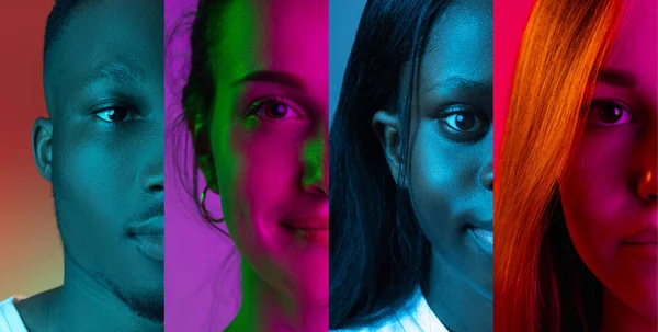 Kollage av fyra halva manliga och kvinnliga multietniska ansikten placerade på smala vertikala ränder i neonljus. — Stockfoto