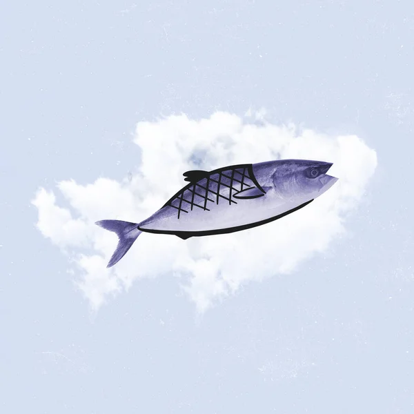 Samtida konst collage av ett moln i form av fisk som simmar i en himmel isolerad över blå bakgrund — Stockfoto