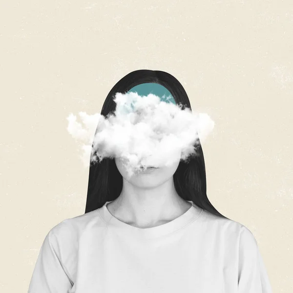 Contemporary art collage of female portrait, face covered with cloud isolated over pastel background — Stock Photo, Image