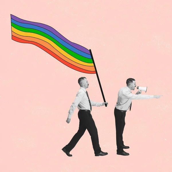 Kolase seni kontemporer dari laki-laki memegang bendera lgbt. Konsep dukungan dan kesetaraan — Stok Foto