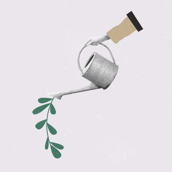 Σύγχρονη τέχνη κολάζ του ανθρώπινου χέρι wotering φυτό με ποτιστήρι. Οικολογική έννοια — Φωτογραφία Αρχείου