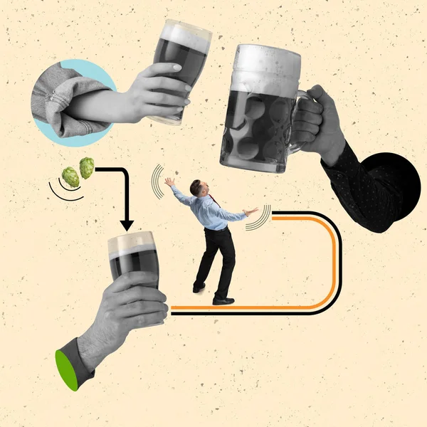 Collage de arte contemporáneo del ciclo de vida de la cerveza. Composición de la creación y el consumo de cerveza —  Fotos de Stock