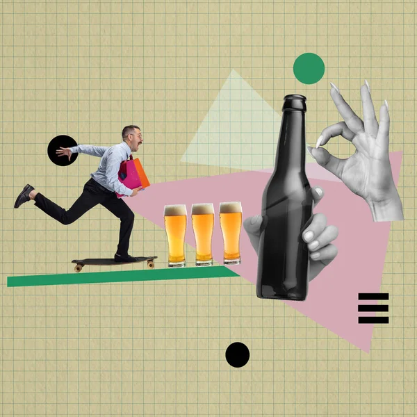 Collage d'art contemporain de l'homme, employé joyeux courant dans le week-end. Soirée bière — Photo