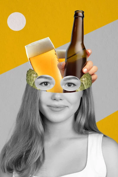 Collage de arte contemporáneo de hermosa mujer joven con vidrio de cerveza, botella y elementos de lúpulo alrededor de la cabeza —  Fotos de Stock