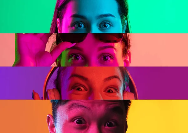 Collage orizzontale di occhi maschili e femminili multinazionali ritagliati posizionati su strisce strette in luci al neon. — Foto Stock