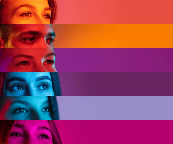 Collage of cropped male and female faces, eyes placed on the left narrow stripes in neon lights isolated over multicolored backgrounds — Stock Photo, Image