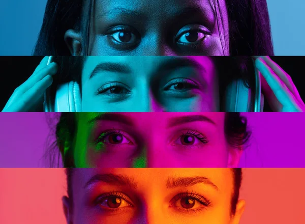 Kollage av beskurna kvinnliga ögon placerade på smala ränder i neonljus isolerade över flerfärgade bakgrunder — Stockfoto
