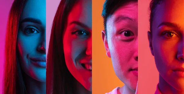 Kollage av fyra halva manliga och kvinnliga multietniska ansikten placerade på smala vertikala ränder i neonljus. — Stockfoto