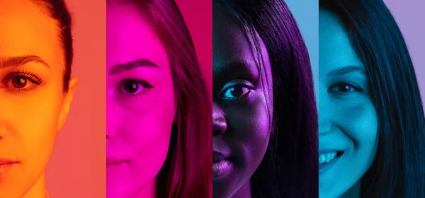 Kollage av fyra halva multinationella kvinnliga ansikten placerade på smala vertikala ränder i neonljus. — Stockfoto