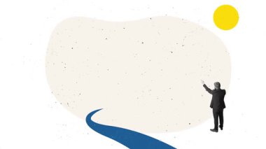 Modern ad video of giant hand pointing business direction toward rising path. Concept of strategic guidance, consulting services, corporate planning, and decision facilitation.