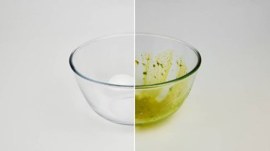 Cam kasenin yarısı temiz, yarısı kontrastlı kolaj temizliği ve temizliği gösteriyor. Ev içi bakım, bulaşık yıkama etkinliği ve ev eşyaları için saydam yüzey temizliği kavramı.