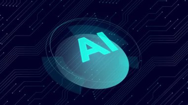Promo video. Glowing AI letters on digital circuit background symbolizing innovation. Concept of artificial intelligence, neural networks, technology advancement for web design and IT visuals.