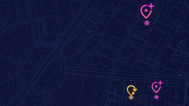 Creative video ad. Futuristic city map with colorful navigation routes and glowing pins. Concept of smart mobility, GPS technology, route optimization for logistics, and urban navigation visuals.