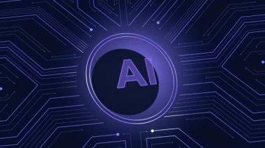 Loop animation. Abstract AI symbol in glowing purple circuit environment. Concept of digital intelligence, futuristic computing for technology branding, software design, and cyber innovation visuals.