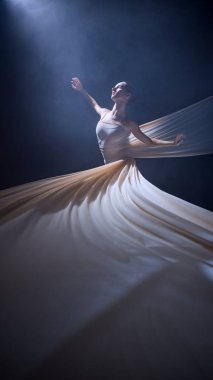 Kumaşa sarılmış, yukarı doğru esneme hareketi yapan bir balerin. Yaratıcı görseller için sanatsal disiplin, fiziksel kontrol ve dışavurumsal hareket kavramı.