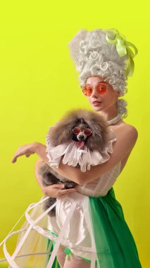 Güneş gözlüklü şık rococo kadın sarı arka planda şık bir kaniş tutuyor. Medya kullanımı için lüks yaşam tarzı markalaşma, aksesuar kampanyası ve moda editörü kavramı.