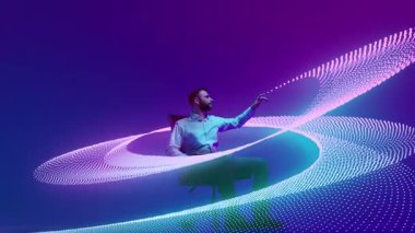 Döngü animasyonu. Resmi kıyafet incelemesi ve neon gradyan arka planda akan dijital dalga ile etkileşim. Veri bilimi, bilimsel keşif ve yenilik kavramı.
