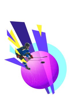 Kolaj sanatı. Soyut geometrik tasarımı olan mavi üniformalı bir hokey oyuncusu. Kurumsal liderlik, e-öğrenme ve yenilik kampanyaları için zihinsel berraklık, üretkenlik, dijital dönüşüm kavramı