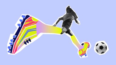 Yaratıcı kolaj. Kadın futbolcu, mavi arka planda renkli kramponları olan topa vuruyor. Spor markalaşması, beden eğitimi, kadın yetkilendirme ve gençlik kampanyası tasarımı kavramı.