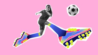 Yaratıcı dijital sanat eseri. Futbolcu, pembe arka planda canlı kramponlarla topa vuruyor. Reklam tasarımı, spor iletişimi, kadın gücü, gençlik hareketi, atletizm eğitimi kavramı.