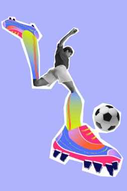 Yaratıcı kompozisyon. Dişi futbolcu, mavi arka planda parlak kramponları olan topa vuruyor. Cinsiyet dahil etme, spor eğitimi, sağlık motivasyonu, fiziksel aktivite kampanyaları için markalaşma kavramı.