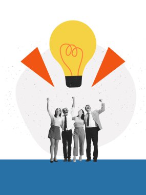 Parlayan büyük bir ampulün altında bir kutlama ekibinin yer aldığı canlı bir kompozisyon. Paylaşılan yenilik kavramı, çığır açan düşünce ve canlandırıcı işbirlikçi enerji.