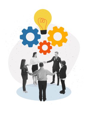 Parlak kolaj, canlı viteslerin ve ampulün altında bir grubun daire içinde durduğunu gösteriyor. Takım çalışması, yenilik, ortak düşünce, yaratıcılık, problem çözme ve birlik kavramı.