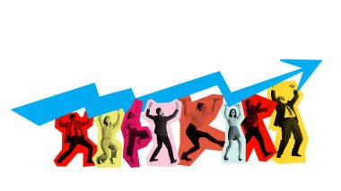 Yükselen büyüme okunu kaldıran iş dünyası metaforu kolajı. İlerleme kavramı, şirket genişlemesi, kurumsal hedefler, kolektif çaba ve stratejik başarı.