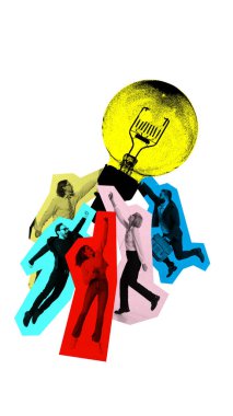 İş adamlarının parlak fikir ampulüne uzanan kavramsal kurumsal posteri. Hırs, motivasyon, kariyer hedefleri, yenilik ve takım çalışması kavramı.