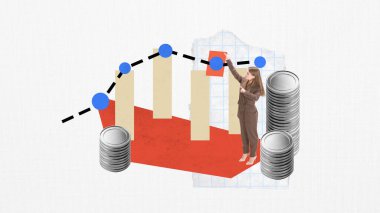 Asgari kolaj. İş kadını, büyük para yığınları arasına yerleştirilmiş uzun bir bar çizelgesini ayarlıyor. Kurumsal strateji, ekonomik düzeltme, meydan okuma yönetimi ve duygusal karar verme kavramı.