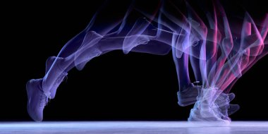 Karanlık arka planda koşan bacakların dinamik hareket-iz silueti. Biyomekanik çalışması, hız analizi, eğitim görselleri, yaralanma önleme dersleri ve performans izleme içeriği kavramı.