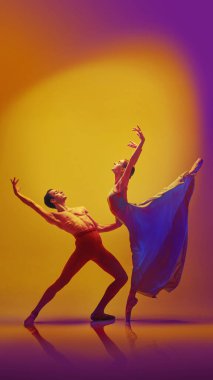 Zarif bale ikilisi canlı gradyan ışıkta anlamlı bir duruş sergiliyor. Sanatsal duygu kavramı, sahne tanıtımı, sahne sanatları markalaşma, kültürel reklamcılık, yaratıcı posterler..