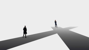 Temiz stratejik kompozisyon ve X harfi üzerinde duran bir birey. Kavşak kararları, kritik seçim anları, iş sorunları çözme, kariyer planlama görselleri, danışmanlık sunumları.