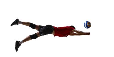 Voleybol sporcusu beyazı izole edilmiş bir şekilde havada daldı. Azami ulaşım, risk alma, hareket halindeki beden, spor pazarlaması, eğitim motivasyonu, kariyer büyümesi, esneklik kavramı.