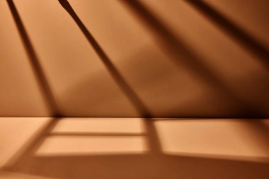 Çarpıcı çapraz gölgeleri ve yumuşak yüzey dokusuyla sıcak kahverengi minimal duvar. Kalın çizimler ve görseller için derin negatif boşluk ve güçlü kopyalama alanı içeren sinematik kompozisyon.