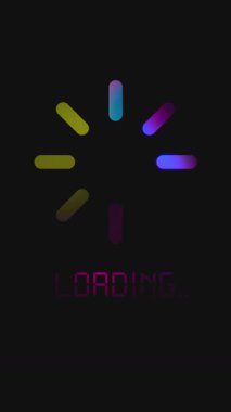 Döngü animasyonu. Siyah arkaplanda parlak yükleme metni olan neon yükleyici. Bekleme süreci kavramı, dijital animasyon döngüsü, sistem yanıtı, UI hareket tasarımı, geleceksel arayüz enerjisi.