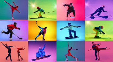 Stüdyonun arka planında dinamik hareket halinde 8 sporcuyla renkli kış sporları kompozisyonu. Modern spor reklamcılığı, hareket tasarımı, mevsimlik kampanyalar ve gençlik yaşam tarzı markalaşması kavramı.