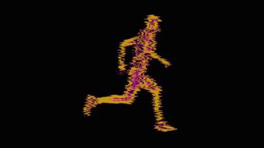 Animasyon reklamı. Arıza kompozisyonu koyu arkaplanda hızla koşan insan figürü. Biyometrik veri görselleştirme kavramı, kinetik enerji analizi, dijital performans ölçümleri, insan hızı soyutlaması.