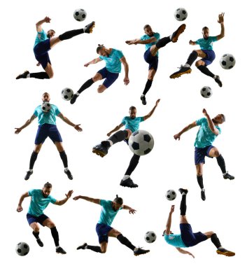 Bir futbol oyuncusunun koleksiyonu beyaz arkaplanda izole bir şekilde duruyor. Futbol eğitimi, spor hareketi tasarımı, atletik performans, reklam planları ve dinamik kompozisyonlar kavramı.