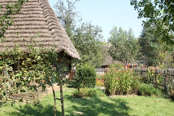 Giardino Vicino Alla Casa Campagna Legno Con Tetto Paglia Recintato — Foto Stock