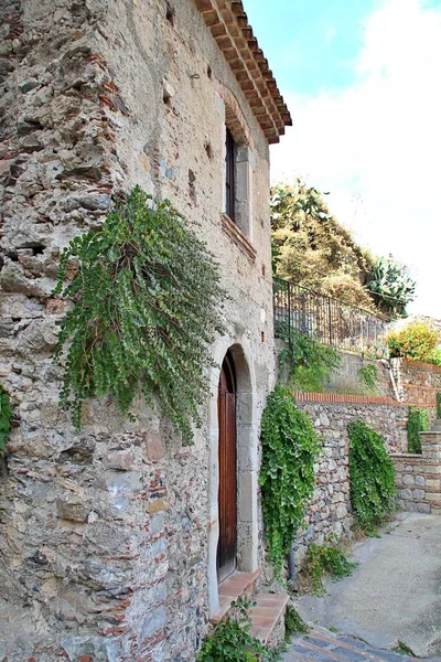 Antigua Casa Piedra Edificio Piedra Pequeño Pueblo Italiano Plantas Colgando —  Fotos de Stock