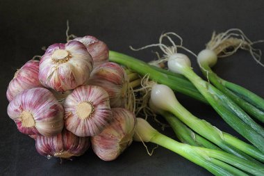 Bir demet sarımsak, bir demet sarımsak, taze sarımsak ve taze taze soğan, taze soğan.
