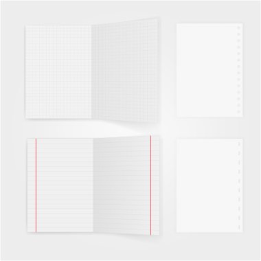 Beyaz arka plan üzerinde izole gölge sayfalarıyla notepaper kümesi. Kare ve çizgili defter sayfası