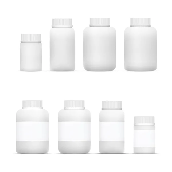 Vector Blank Big Set de garrafas de embalagem de plástico com tampa para cosméticos, vitaminas, comprimidos ou cápsulas —  Vetores de Stock