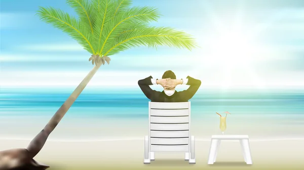 Relajante hombre de negocios. palmera de playa y mar — Vector de stock
