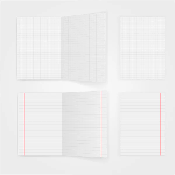 Set of notepaper sheets with shadow isolated on white background. Squared and lined notebook page — Stock Vector